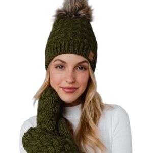 Panache Olive Knit Pom Hat with Matching Mittens (52)